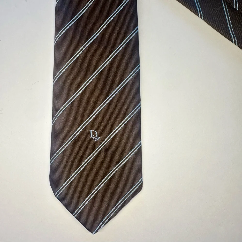 Vintage DIOR Embroidered Signature Brown Diagonal Striped Classic Tie, 3.25”